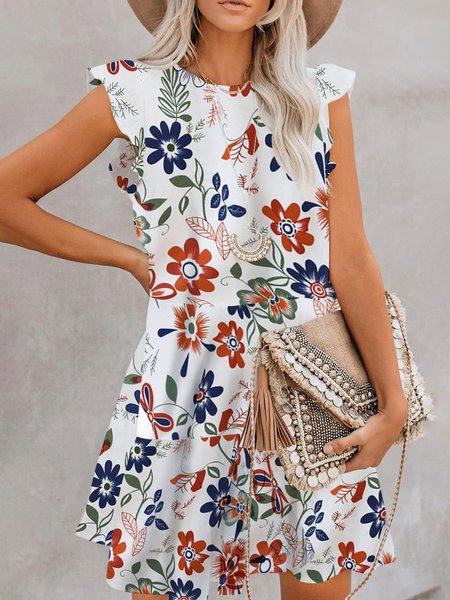 Crew Neck Floral Pastoral Short Sleeve women Dress, White, Dresses