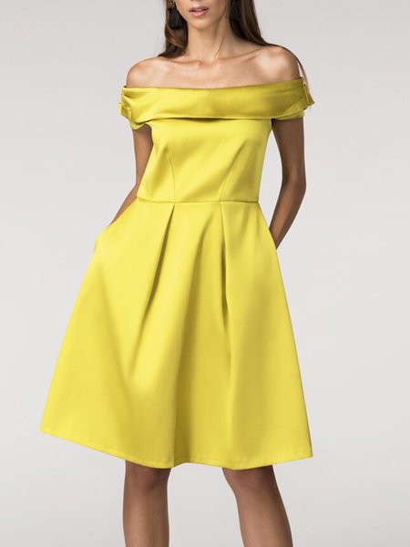 

Solid Boat Neck Short Sleeve Woven Dress, Yellow, Midi Dresses