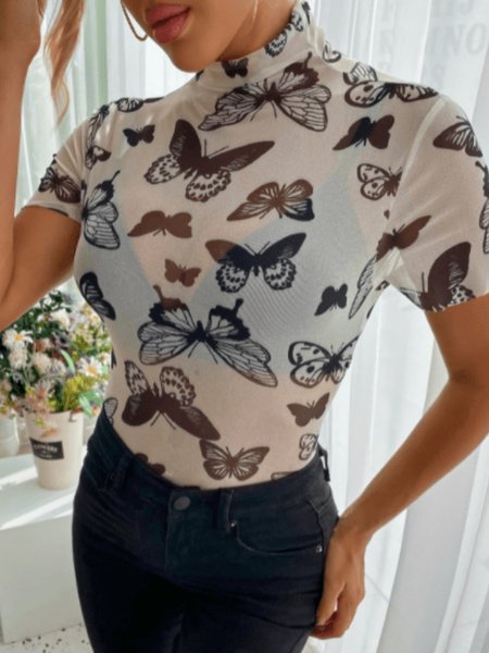 

Summer Short sleeve Butterfly Short Sleeve Daily Lightweight Tops, Apricot, Tees