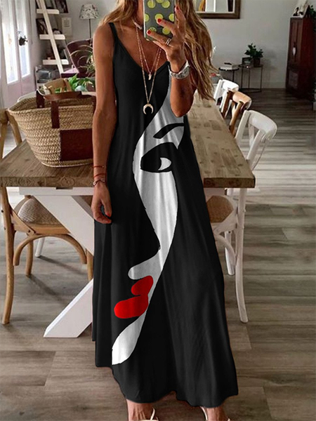 

Abstract V neck Sleeveless Maxi Dress, Black, Maxi Dresses