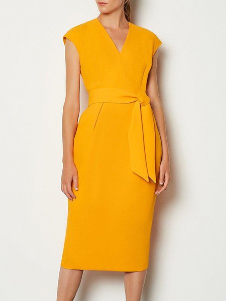 

Solid Elegant V neck Sleeveless Knit Dress, Yellow, Midi Dresses