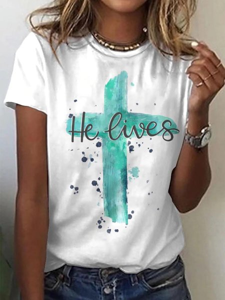 

Casual Cotton Blends Loosen Short Sleeve Tops, White, T-Shirts