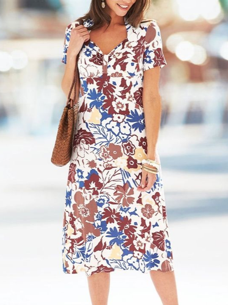 

Vacation Floral Cotton Blends Short Sleeve Knit Dress, White, Dresses