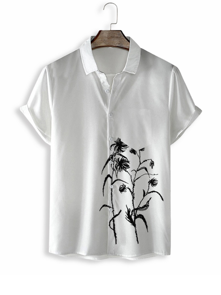 

Plant Printing linen Cotton And linen Style Casual Shirts With Short Sleeves, As picture, Men's Floral shirt
