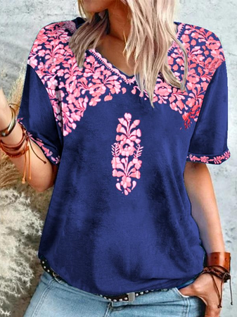 

Cotton Blends Casual V Neck Short Sleeve Tops, Blue, T-Shirts