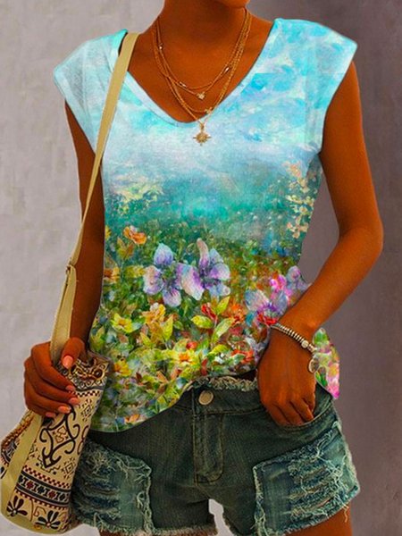 

Casual Crew Neck Floral Knit Tank, As picture, Tank Top