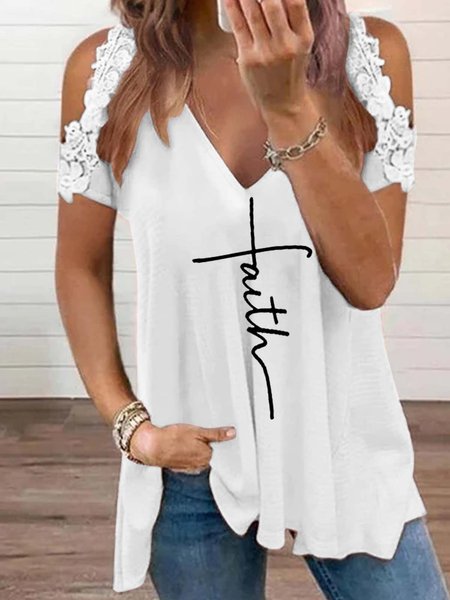 

Off shoulder vacation V-neck lace a-hem top T-shirt Plus Size, White, T-Shirts