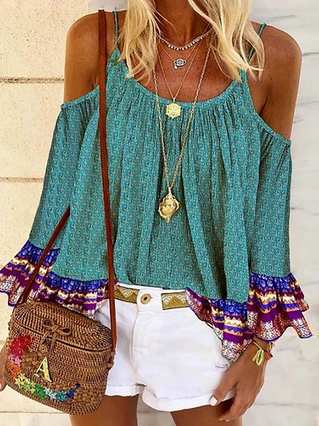 

Plus size Casual Printed Cold Shoulder Tops, Blue, Tops