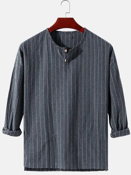 

Men's Resort Striped Cotton Linen V-Neck Shirt, Black, Blouses&Shirts