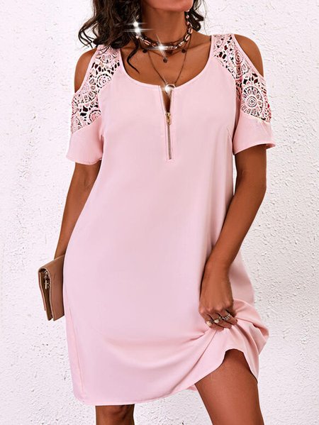 

Guipure Crew Neck Plain Short Sleeve Knit Dress, Pink, Dresses