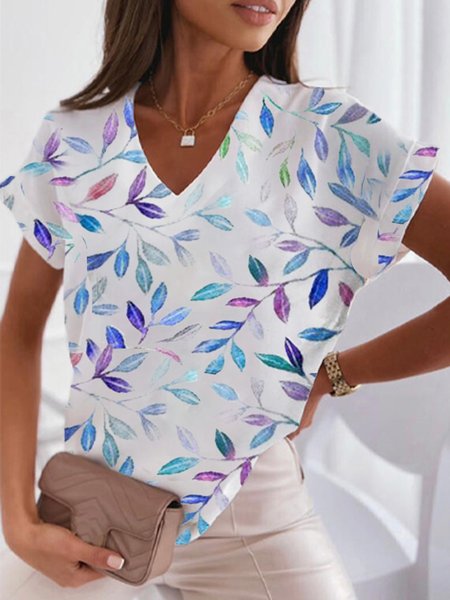 

Romantic Floral Leaves Printed Casual Loosen V Neck Short Sleeve T-Shirt, Flower, T-Shirts