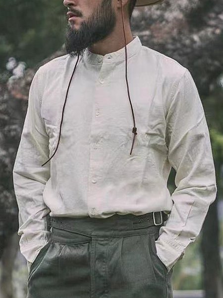 

Men's Cotton Linen Casual Stand Collar Long Sleeve Shirt, White, Blouses&Shirts