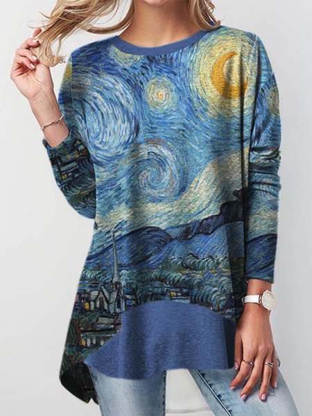 

Abstract Loosen Slit Long Sleeve T-Shirt, Blue, Long sleeve tops