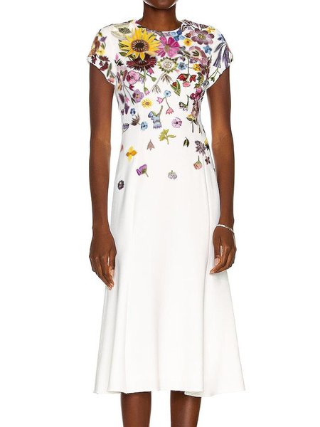 

Floral Crew Neck Elegant Short Sleeve Dress, White, Midi Dresses