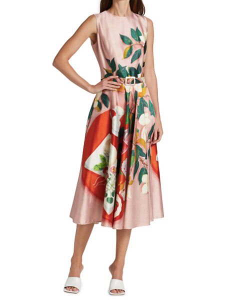 

Summer Floral Crew Neck Regular Fit Short Sleeve Woven Lightweight Dress, Pink, Midi Dresses