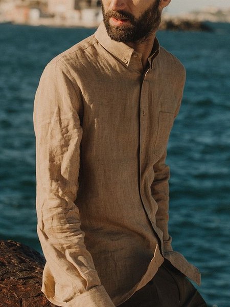 

Men's Cotton Linen Style Long Sleeve Shirt, Brown, Blouses&Shirts