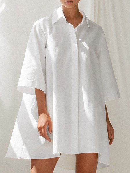 

Loosen Cotton Short Sleeve Woven Dress, White, Midi Dresses