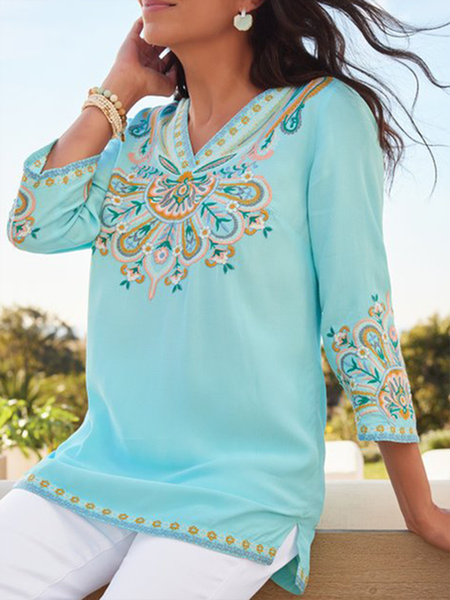 

Bohemian Ethnic Floral Print 3/4 Sleeve Top, Aqua, Tops