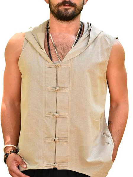 Men's Plain Cotton Linen Hooded Vest, Khaki, Blouses&Shirts