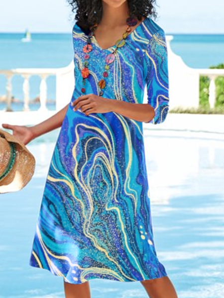 

Abstract Print Casual Vacation Long Sleeve V-neck Knee-length Dresses, Blue, Dresses