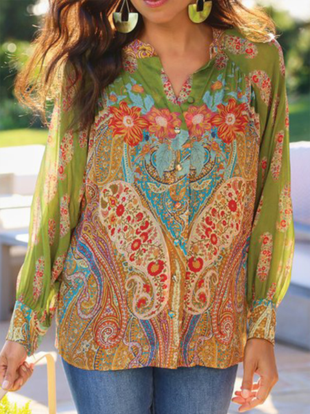 

Boho Buttoned Loosen Long Sleeve Blouse, Lightgreen, Blouses & Shirts