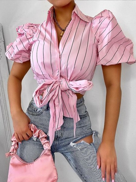 

Elegant Regular Fit Daily Short Sleeve Blouse, Pink, Blouses and Shirts