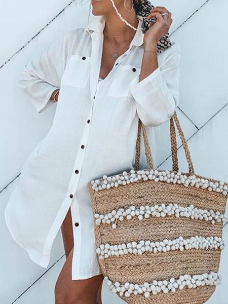 

Plain Shirt Collar Casual Long Sleeve women Dress, White, Dresses