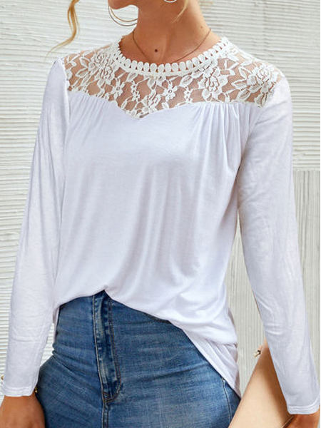 

Crew Neck Casual Plain Long Sleeve Tops, White, Long sleeve tops