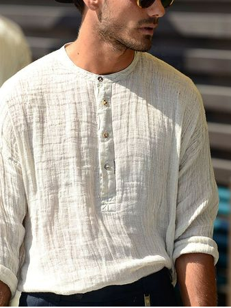 

Men's Holiday Cotton Linen Henley Collar Shirt, As picture, Blouses&Shirts