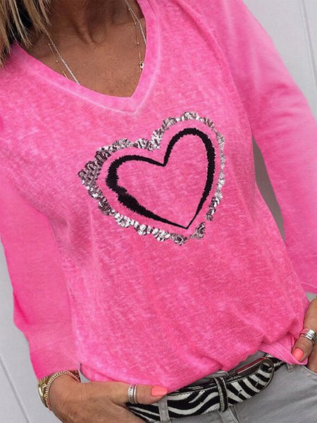 

Long Sleeve Casual V Neck Long Sleeve T-shirt, Rose red, T-Shirts