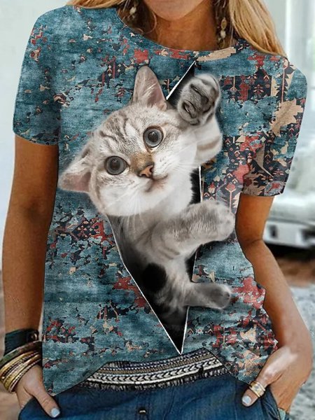 

Casual Cat Short Sleeve Round Neck Plus Size Printed Tops T-shirts, Blue, T-Shirts