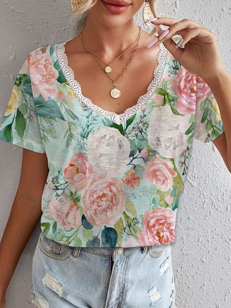

Romantic Floral Casual Loosen Lace V Neck Short Sleeve T-Shirt, Flower, T-Shirts
