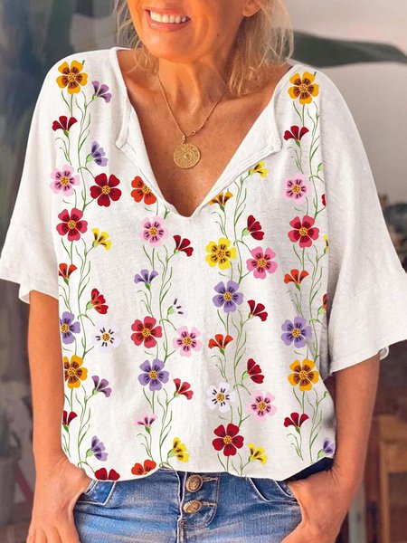 

Floral Casual V Neck Cotton Blends Short Sleeve Tops, White, Tops