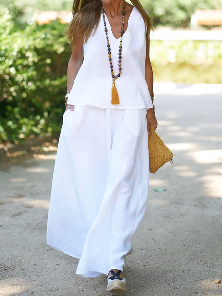 

Plus size Plain Casual Two Piece Sets, White, Two-piece Outfits