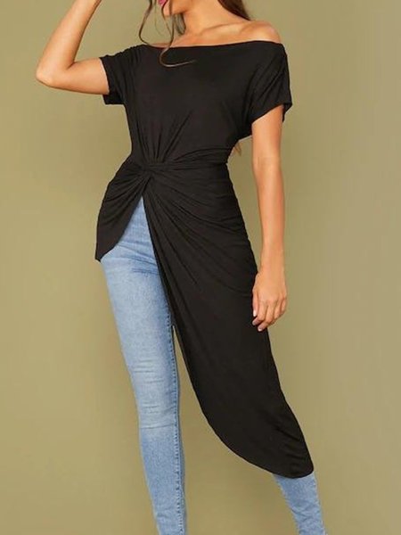 

Boat Neck Solid Regular Fit Short Sleeve Top, Black, Tops