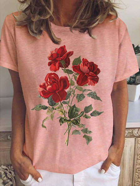 

Red rose vintage Casual Short sleeve Top, Pink, T-shirts