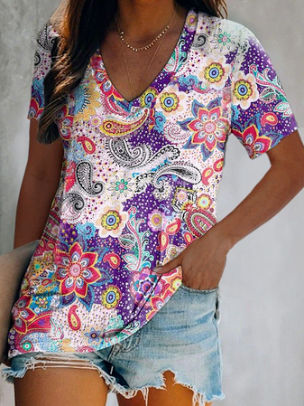 

Casual Cotton Blends Short Sleeve Tops, Multicolor, T-Shirts