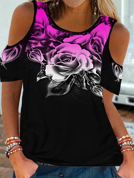 

Floral Short Sleeves Crew Neck Plus Size Casual T-Shirt, Black, T-Shirts