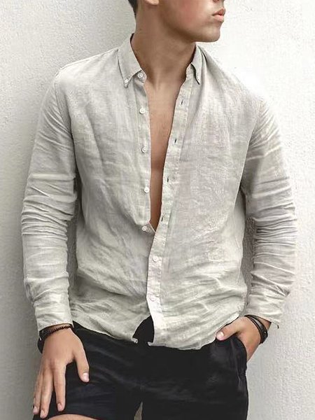 

Men's Cotton Linen Casual Long Sleeve Shirt, Khaki, Blouses&Shirts