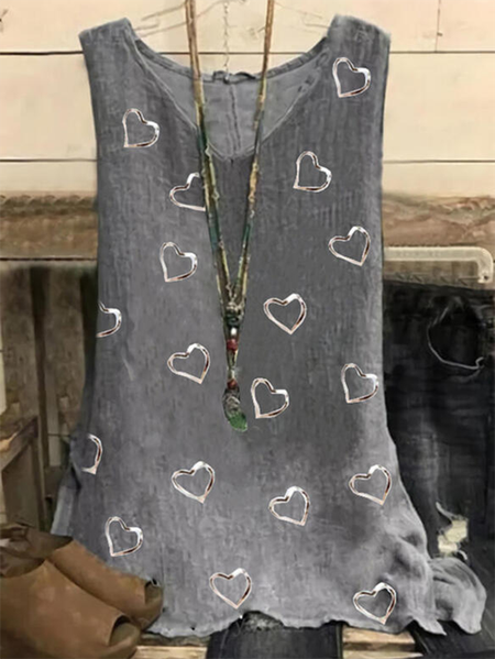 

V Neck Heart Casual Loose Fitting Woven Tank Tops, Gray, Tank Top