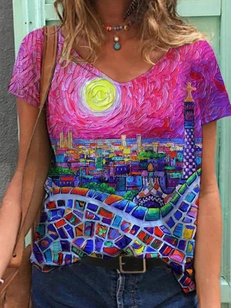 

Casual Abstract V Neck Short Sleeve T-Shirt, Multicolor, T-Shirts