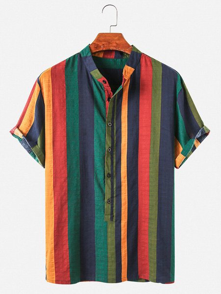 

Men's Holiday Cotton Linen Henley Collar Striped Shirt, As picture, Blouses&Shirts