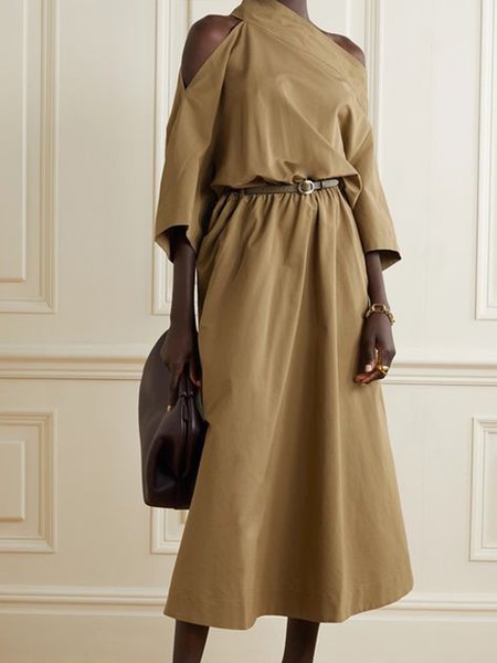

Regular Fit Plain Casual Short Sleeve Woven Dress, Khaki, Maxi Dresses