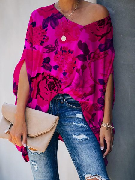 

Floral V Neck Loosen Half Sleeve Top, Rose red, Tops