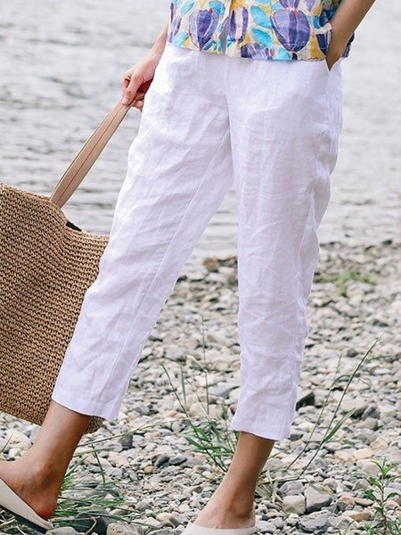 

Vacation Solid Casual Cotton Pockets Loosen Cropped Pants, White, Pants