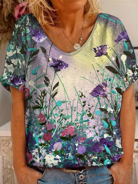 

Floral Cotton Blends Casual Short Sleeve T-Shirt, Multicolor, T-Shirts