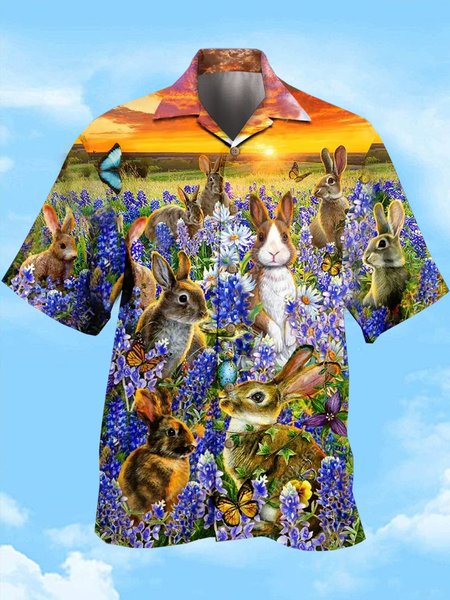 

Mens Easter Print Casual Breathable Short Sleeve Shirt, As picture, Men's Floral shirt