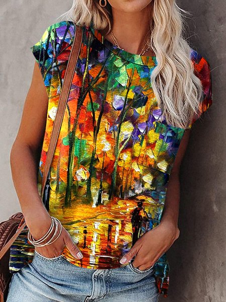 

Round Neck Casual Abstract Short Sleeve Tops, Multicolor, T-Shirts
