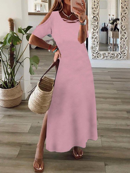 

Off shoulder vacation V-neck basic simple plain color no pattern a swing fork dress long Plus Size, Pink, Maxi Dresses