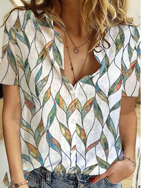 

Leaves Loosen Casual Buttoned Shirt Collar Short Sleeve Blouse, Flower, Blouses & Shirts